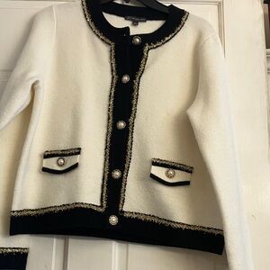 Adrianna Papell Black & Cream Tweed-Trim Cardigan with Pearl Button